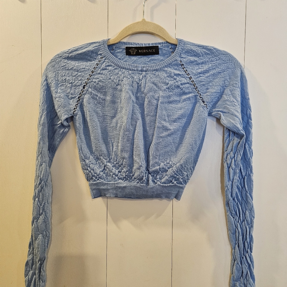 Versace baby blue ruched crop sweater - Picture 2 of 11